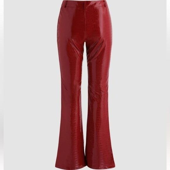 New! Cider Red PU Leather Croc embossed wide leg pants Size large - Picture 5 of 12